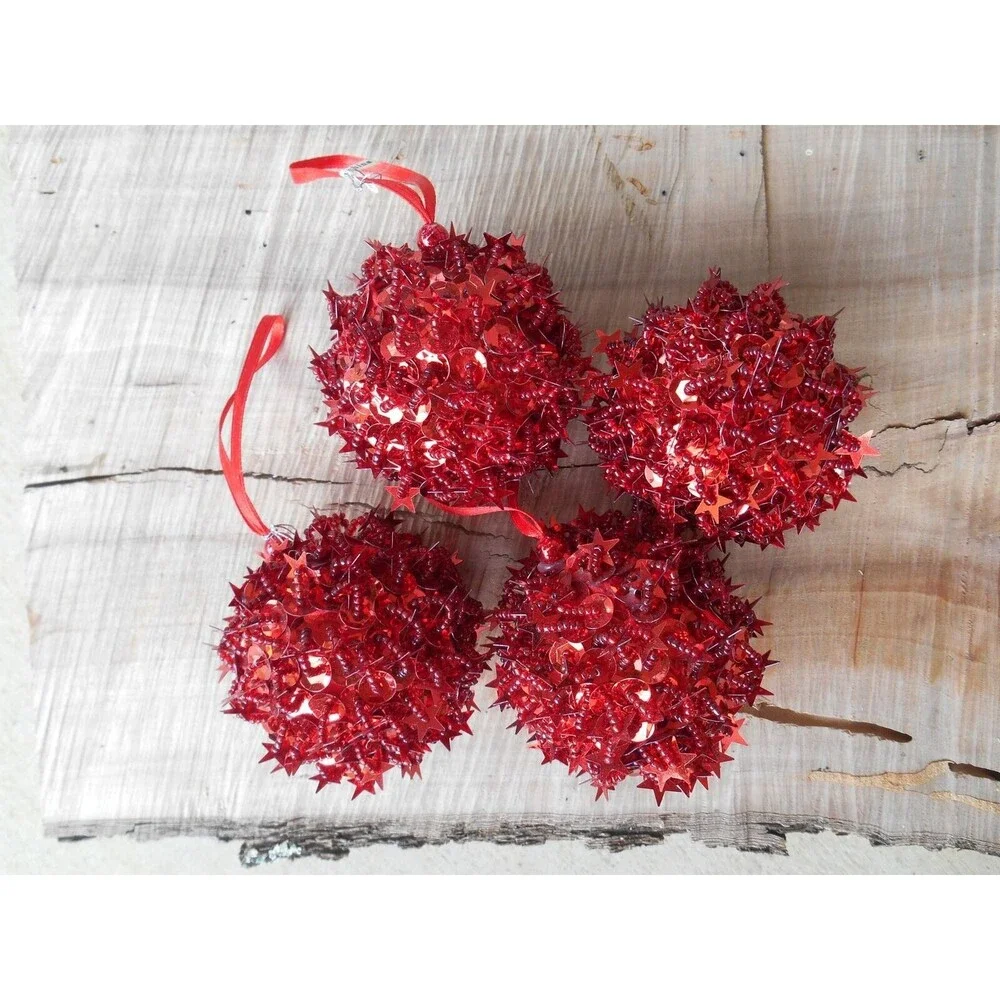 Seasons of Cannon Falls 4 Ruby Red Sequin and Beaded Ball Ornaments 2.5 in